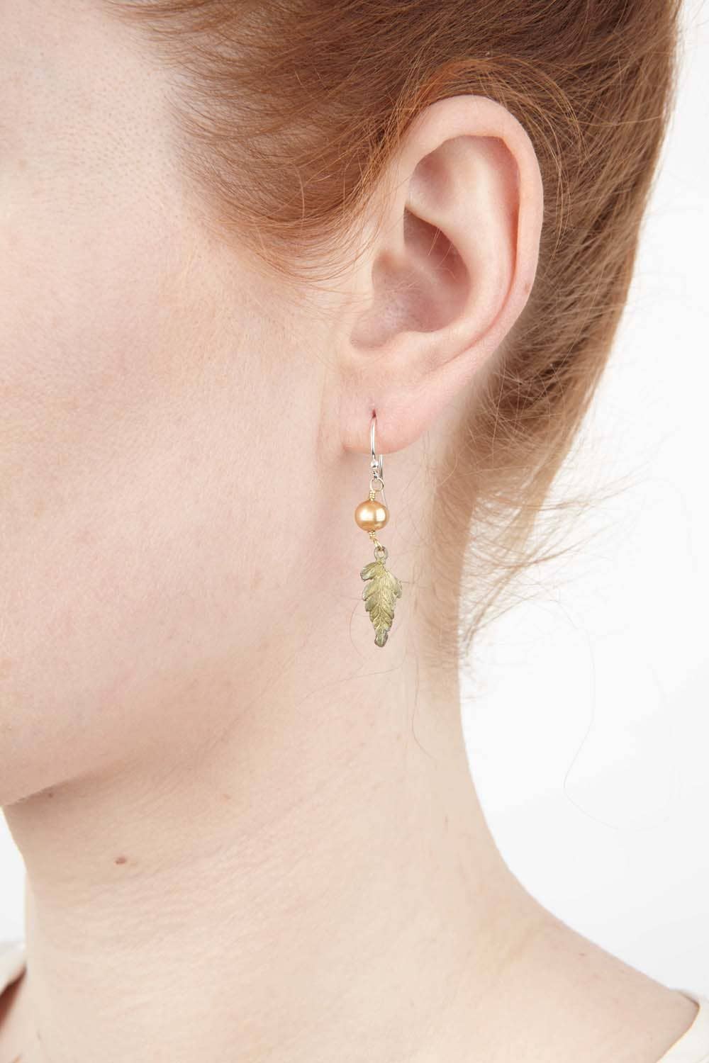 Fern Small Single Leaf Wire Earrings w/Pearl