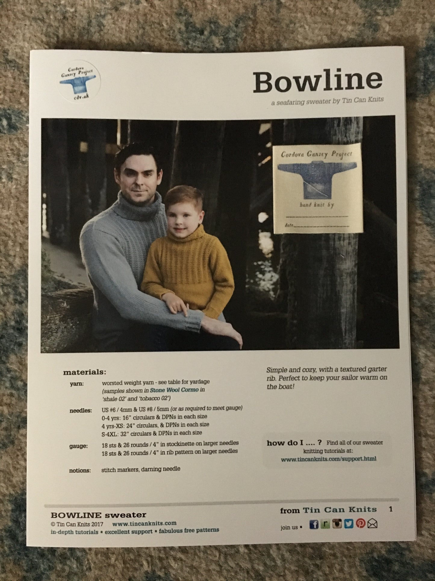 Bowline Sweater Pattern with Cordova Gansey Project Canvas Label