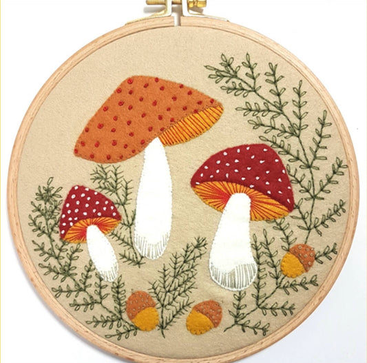 “Toadstools” - Mushroom Wool Mix Felt Applique Hoop Stitching Kit by Corinne Lapierre