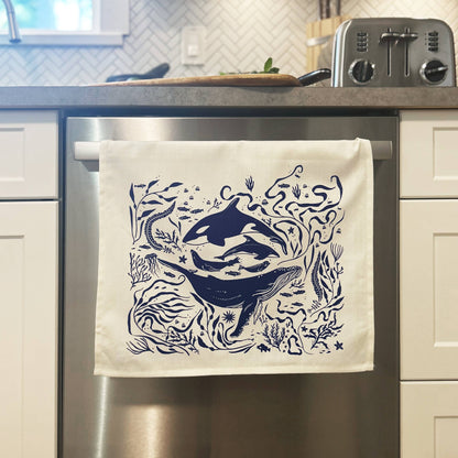 Hand-Printed Pacific Marine Life Dish Towel: 100% Cotton