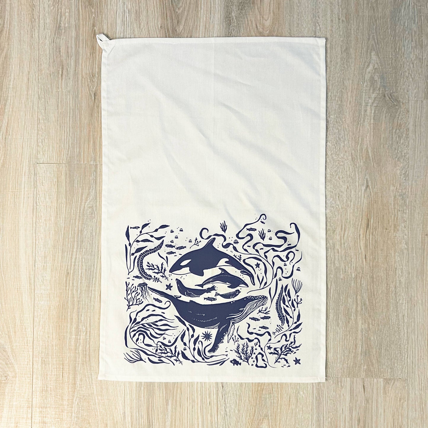 Hand-Printed Pacific Marine Life Dish Towel: 100% Cotton
