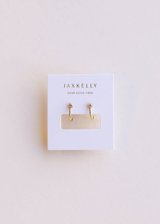 Open Mini Hoop - Pink CZ - Gold Earrings