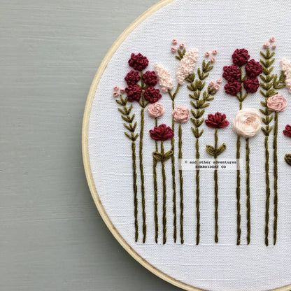 Beginner Embroidery KIT - Burgundy & Blush Wildflowers
