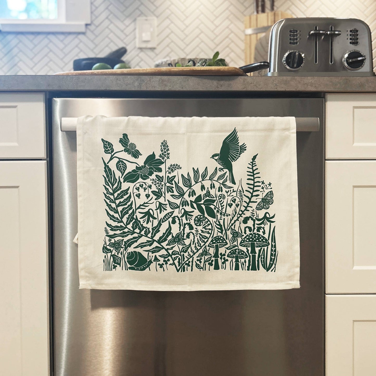 Hand-Printed Northwest Rainforest Dish Towel: 100% Cotton