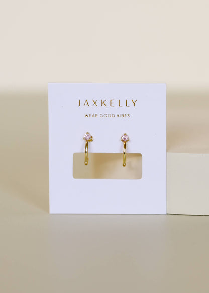 Open Mini Hoop - Pink CZ - Gold Earrings