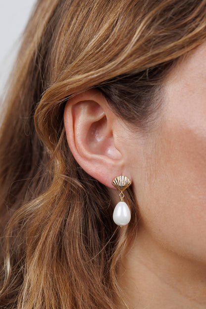 Seashell Pearl Drop Gold Earrings