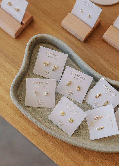 Tri Ball Studs - White Opal - Gold Earrings