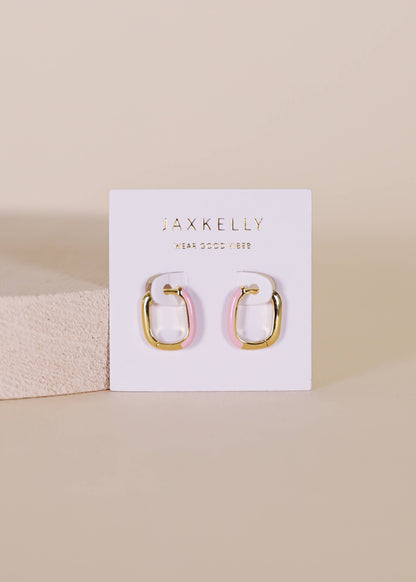 Color Dipped Rectangle Hoop Earrings - Petal Pink Enamel