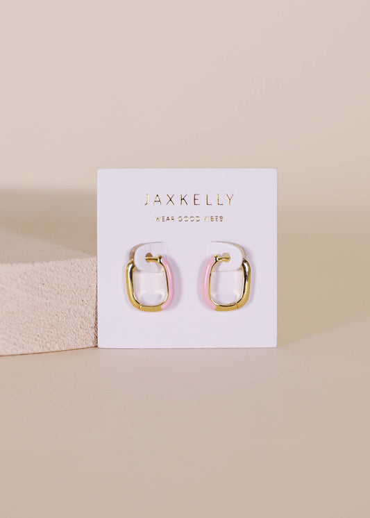 Color Dipped Rectangle Hoop Earrings - Petal Pink Enamel