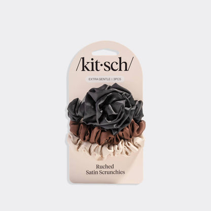 Rosette Ruched Satin Scrunchies 3pc Set - Black