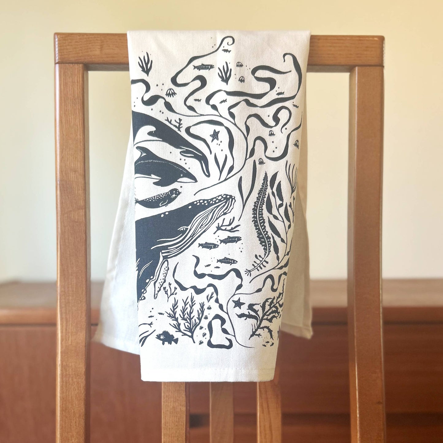 Hand-Printed Pacific Marine Life Dish Towel: 100% Cotton