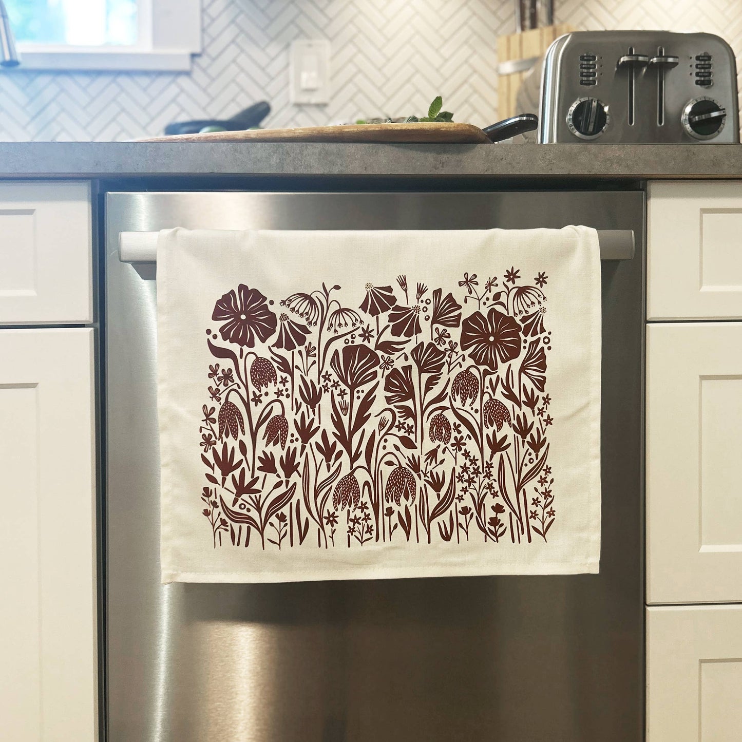 Hand-Printed Northwest Wildflowers Dish Towel: 100% Cotton