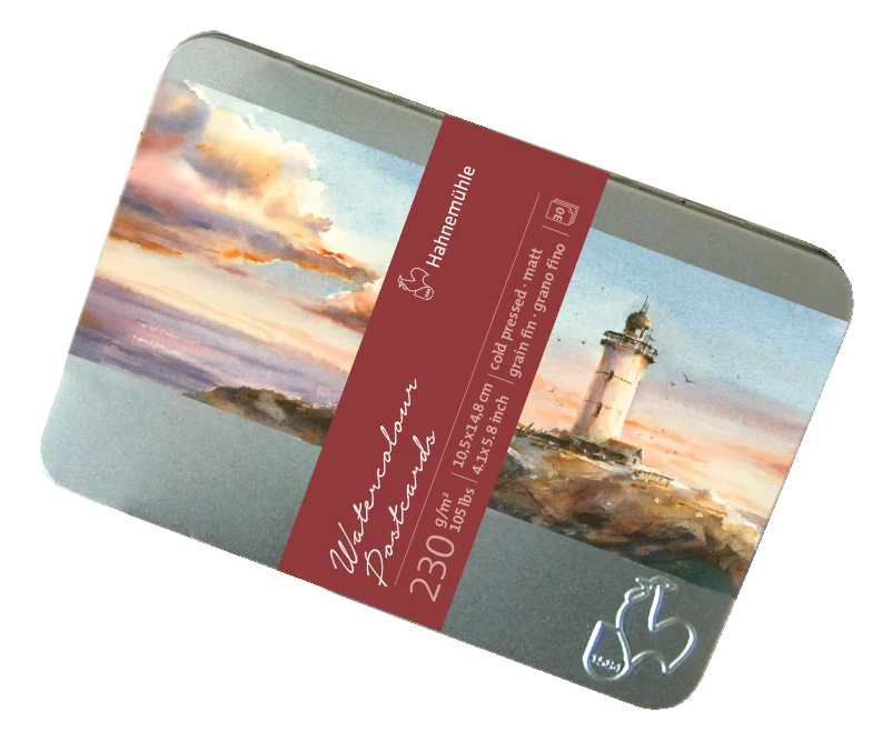 WATERCOLOR POSTCARDS IN METAL TIN