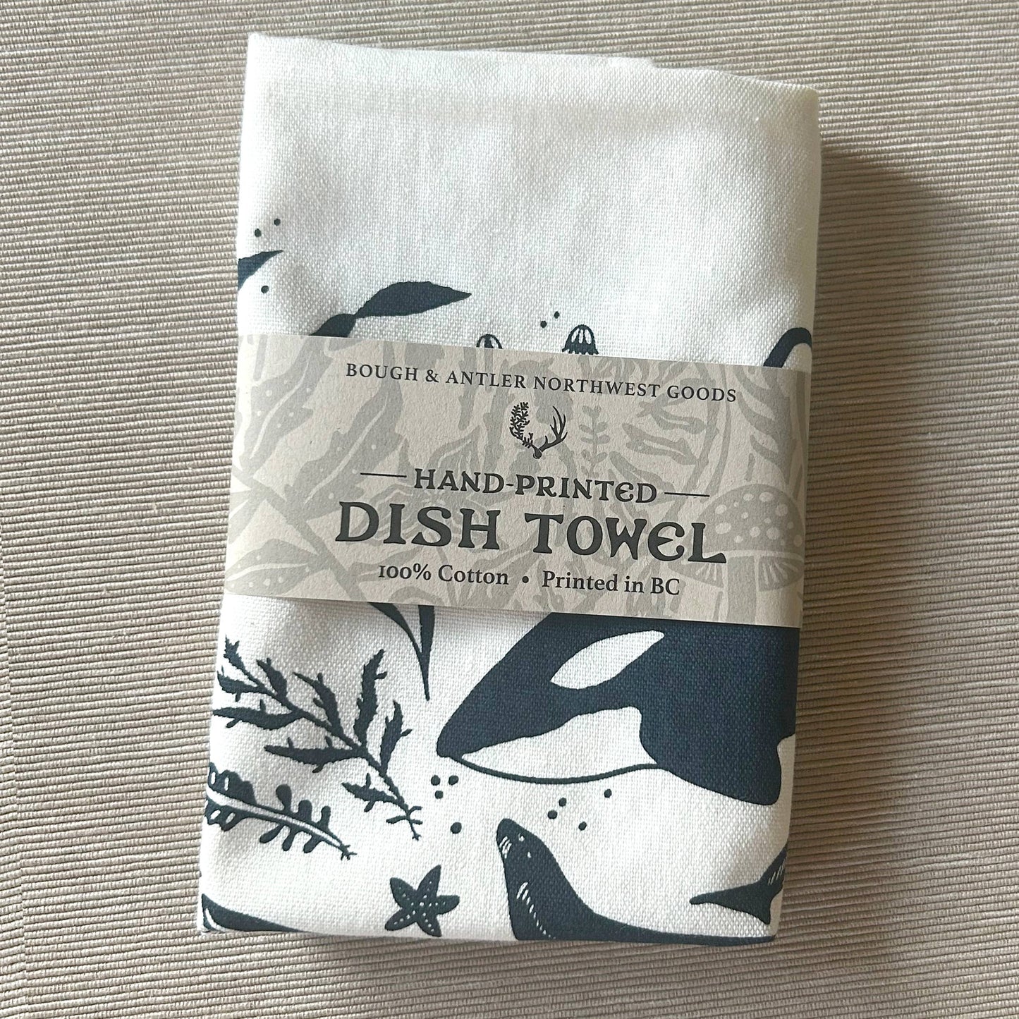 Hand-Printed Pacific Marine Life Dish Towel: 100% Cotton