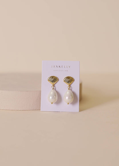 Seashell Pearl Drop Gold Earrings