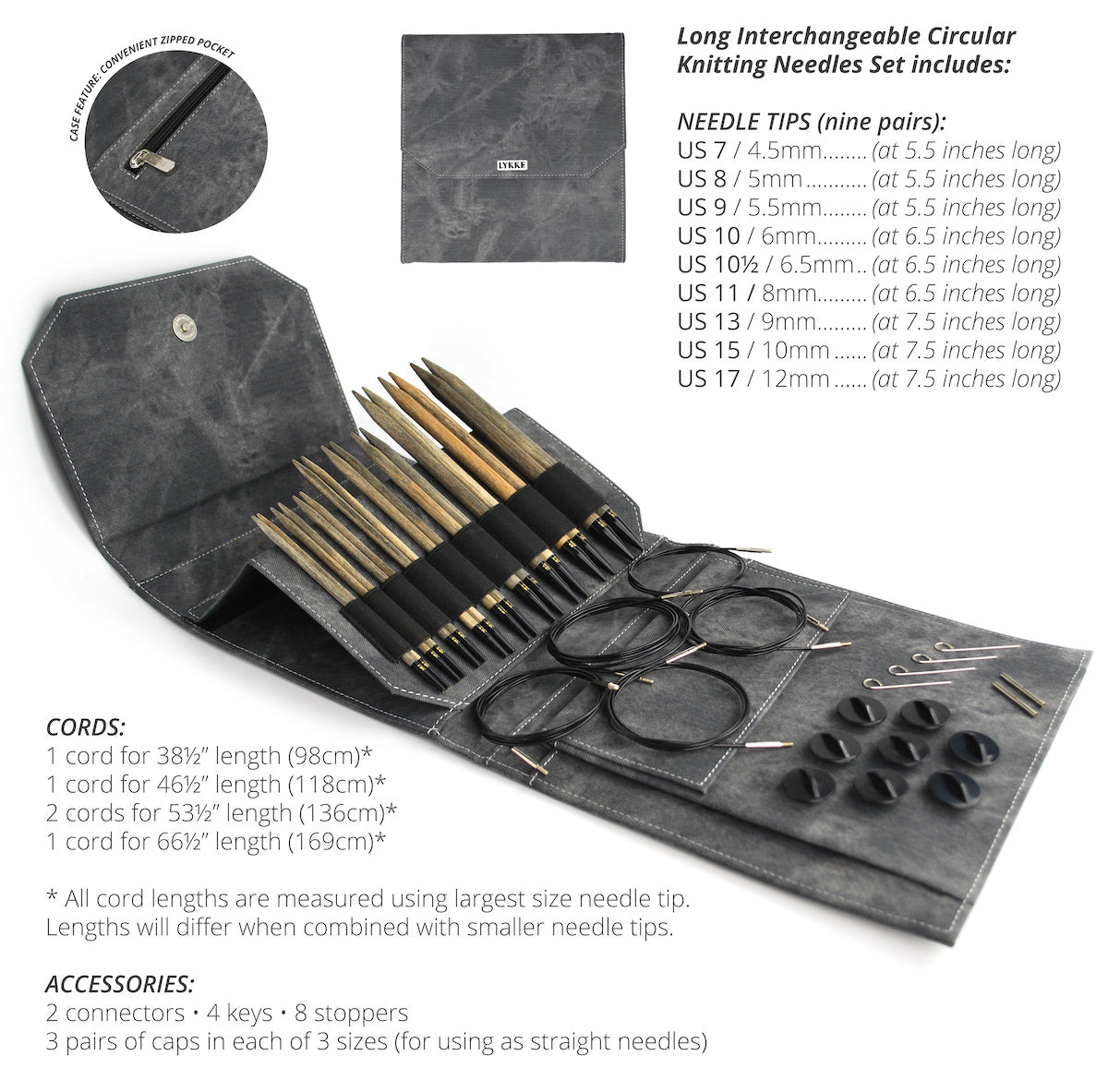 LYKKE Driftwood Long Interchangeable Circular Needle Set | Grey Denim