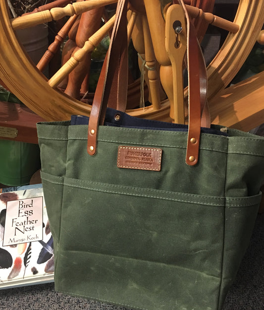 FisherFolk Waxed Canvas Sturdy Tote | Olive with Brown Stained Handle