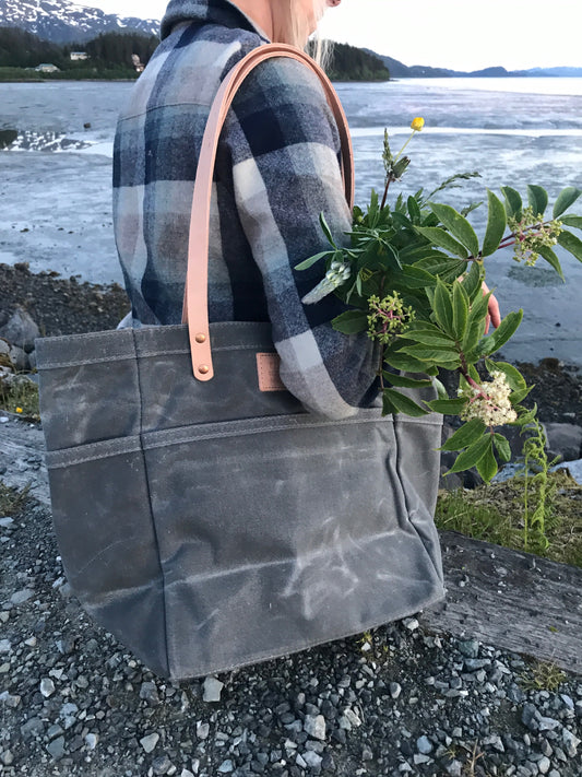 FisherFolk Waxed Canvas Sturdy Tote | Slate with Natural Handle
