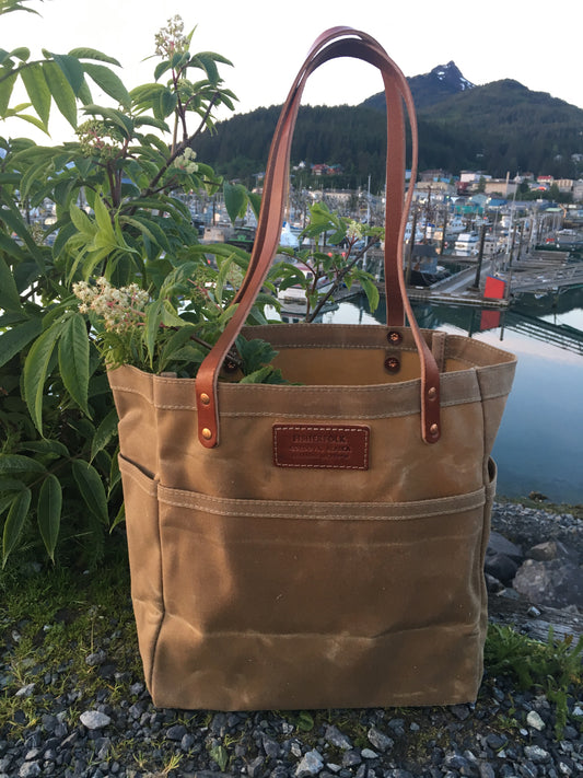 FisherFolk Waxed Canvas Sturdy Tote | Sage (Tan) with Brown Stained Handle