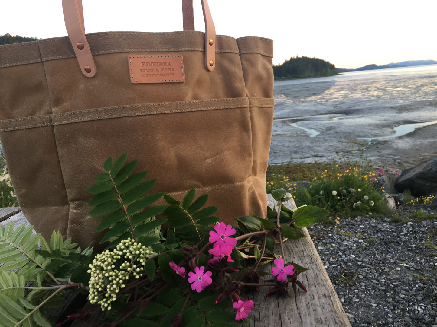 FisherFolk Waxed Canvas Sturdy Tote | Sage (TAN) with Natural Handle